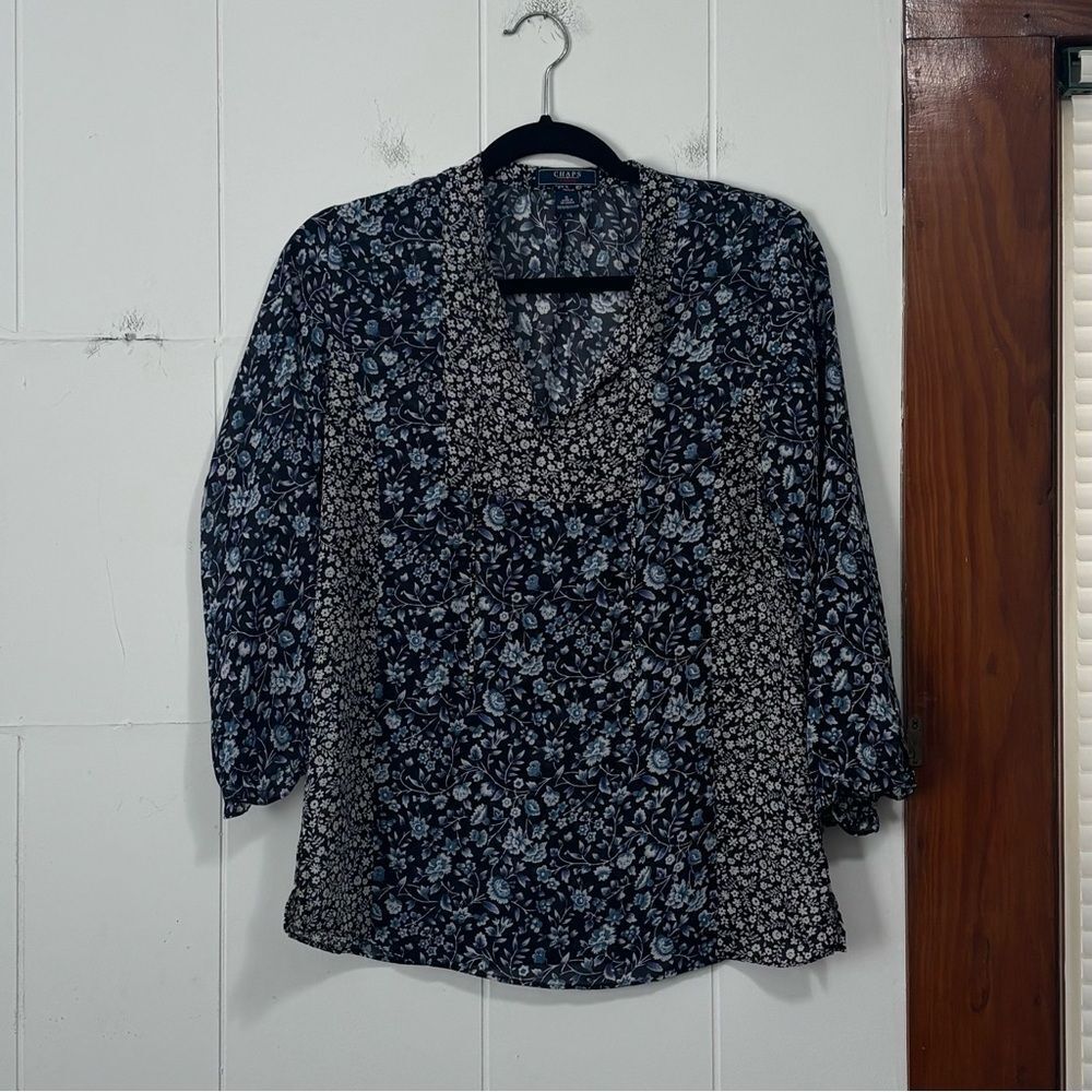 Chaps Navy and White Two Floral Blouse Size Small